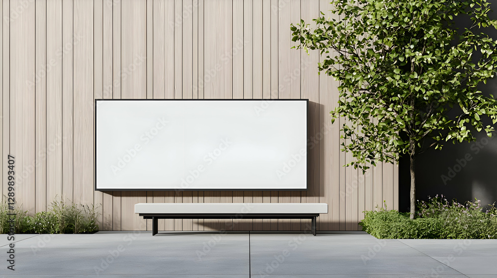 Fototapeta premium Blank White Sign Mockup on Wooden Wall with Bench and Greenery