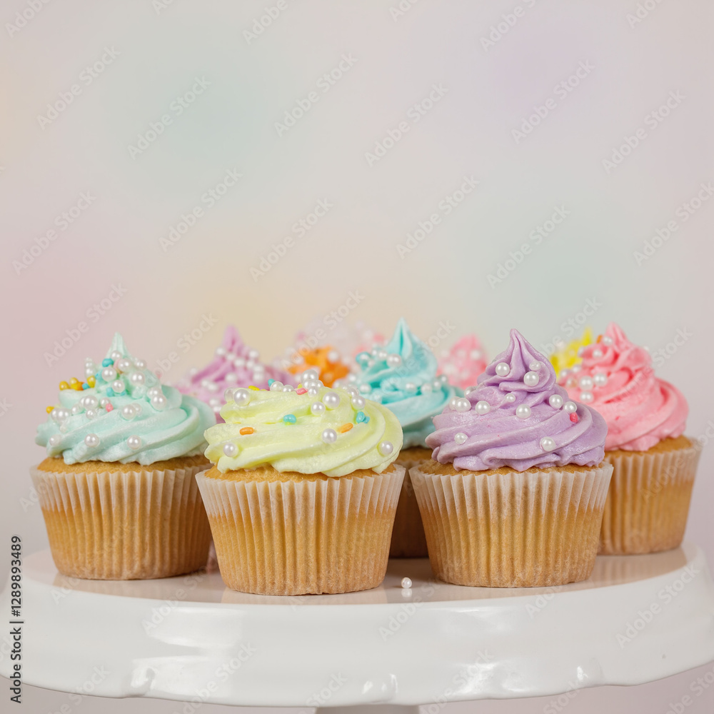 Colorful Frosted Cupcakes on Elegant Stand with Pastel Background, Shiny Pearls and Sprinkles, Gourmet Baking Presentation. Colorful Frosted Cupcakes on Elegant Stand with Pastel Background, Shiny Pearls and Sprinkles, Gourmet Baking Presentation.