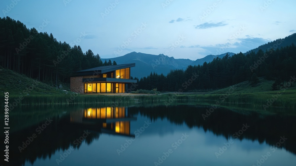 Fototapeta premium Serene Mountain Lake House at Dusk