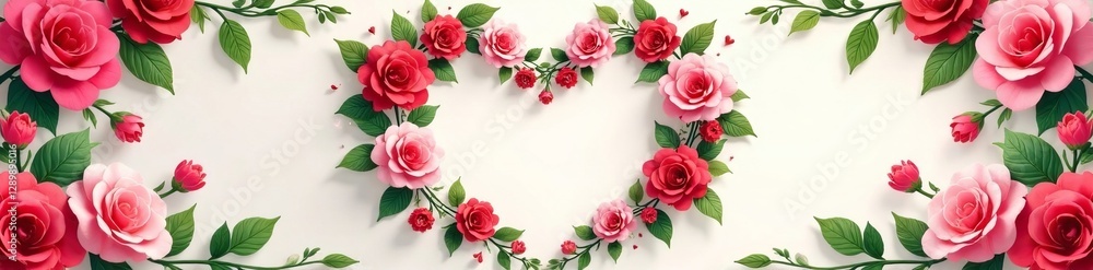 Heart-shaped frame with vibrant flowers and green leaves, romantic wedding decoration, heart shape, romance Heart-shaped frame with vibrant flowers and green leaves, romantic wedding decoration, heart shape, romance