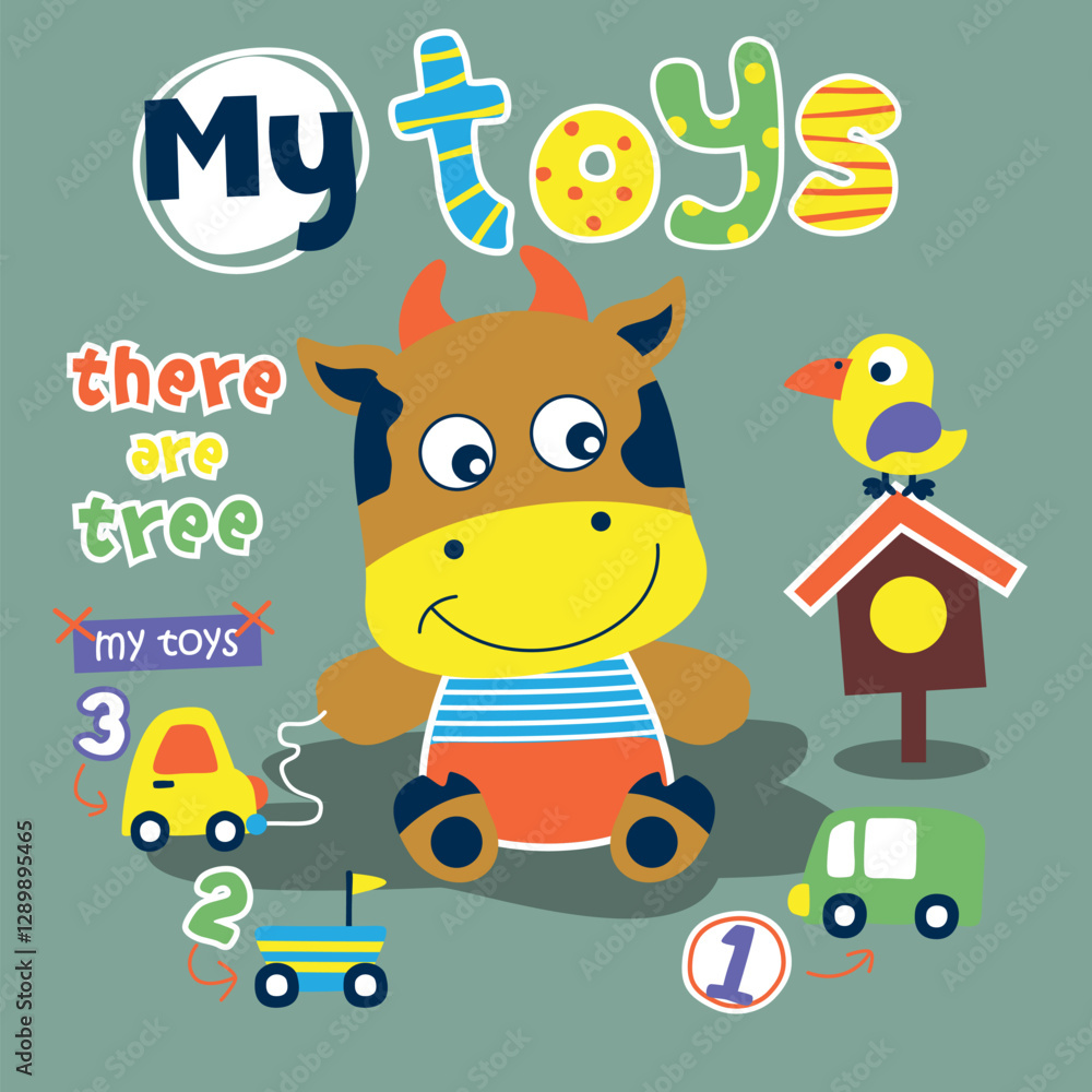 Cute cow character sitting with colorful toy cars and a bird on a birdhouse. Fun childhood and playtime illustration concept
Cute cow character sitting with colorful toy cars and a bird on a birdhouse. Fun childhood and playtime illustration concept