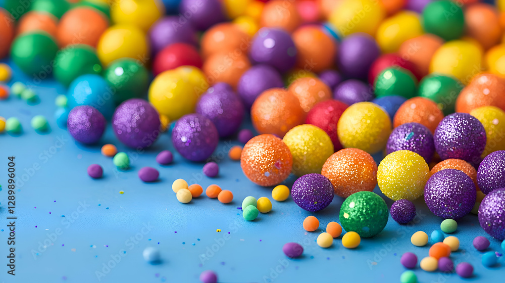 Fototapeta premium Colorful Glitter Balls and Sprinkles on Blue Background