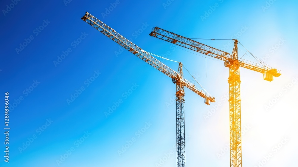 Two towering cranes stretch against a bright blue sky, symbolizing construction and development in an urban environment. Two towering cranes stretch against a bright blue sky, symbolizing construction and development in an urban environment.