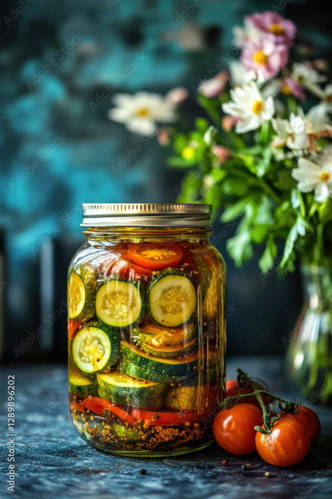 A jar of honey surrounded by fresh apples and vegetables, featuring vibrant colors like red tomatoes and green cucumbers, representing healthy, homemade cooking ingredients A jar of honey surrounded by fresh apples and vegetables, featuring vibrant colors like red tomatoes and green cucumbers, representing healthy, homemade cooking ingredients