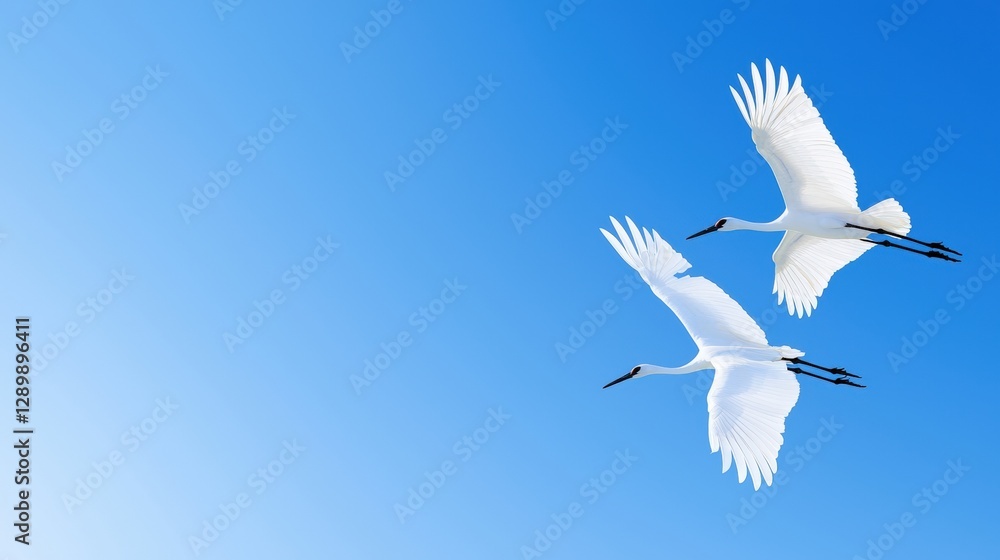 Fototapeta premium Two graceful white cranes soar against a serene blue sky, symbolizing freedom and beauty in nature.