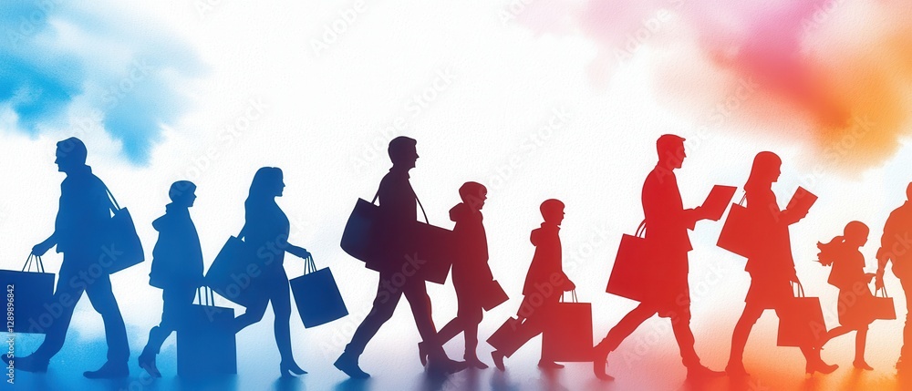 Obraz premium Silhouettes of diverse people walking with bags against a colorful background, symbolizing travel, movement, and community.