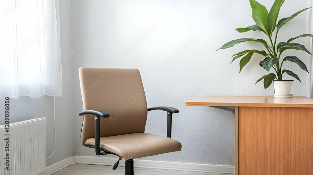 Beige Office Chair and Wooden Desk in a Minimalist Room Beige Office Chair and Wooden Desk in a Minimalist Room