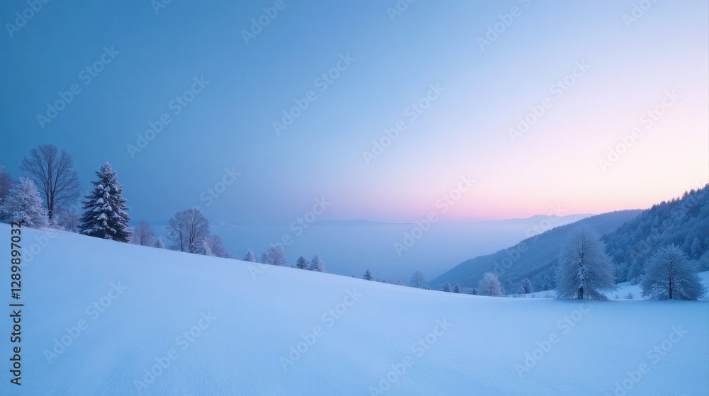 Serene Winter Landscape at Twilight Snow-Covered Hills and Frost-Kissed Trees Under a Softly Lit Sky Serene Winter Landscape at Twilight Snow-Covered Hills and Frost-Kissed Trees Under a Softly Lit Sky
