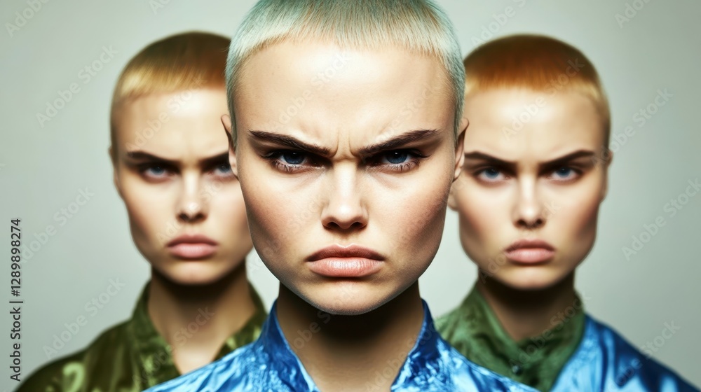 In a contemporary studio, three models with fierce expressions and unique short hairstyles demonstrate a bold fashion statement while wearing vibrant outfits that reflect their confident personas In a contemporary studio, three models with fierce expressions and unique short hairstyles demonstrate a bold fashion statement while wearing vibrant outfits that reflect their confident personas