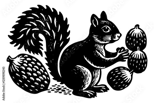 A vintage-style illustration of a squirrel holding nuts or seeds, depicted in a black and white, etched or woodcut style.