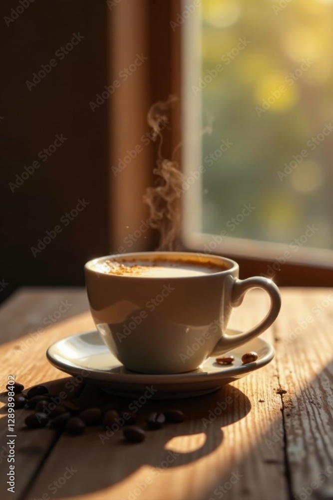 Fototapeta premium Aromatic Coffee Cup Basking in Warm Sunlight on Rustic Wooden Table