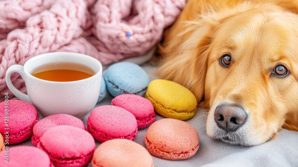 Golden Retriever Relaxing with Macarons and Tea on Cozy Blanket Golden Retriever Relaxing with Macarons and Tea on Cozy Blanket