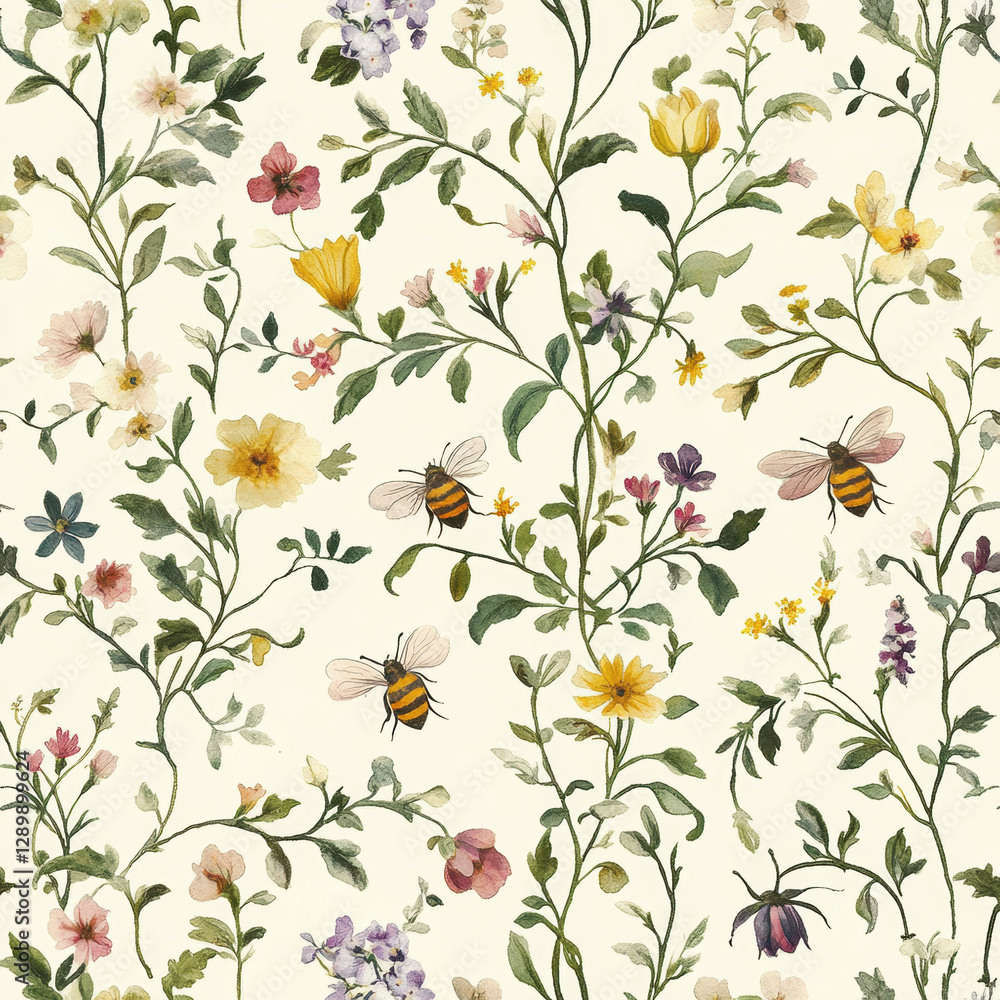 Floral pattern design featuring seamless flowers and leaves, perfect for spring-themed wallpaper, textiles, and illustrations, with a vintage touch and a hint of nature's beauty Floral pattern design featuring seamless flowers and leaves, perfect for spring-themed wallpaper, textiles, and illustrations, with a vintage touch and a hint of nature's beauty