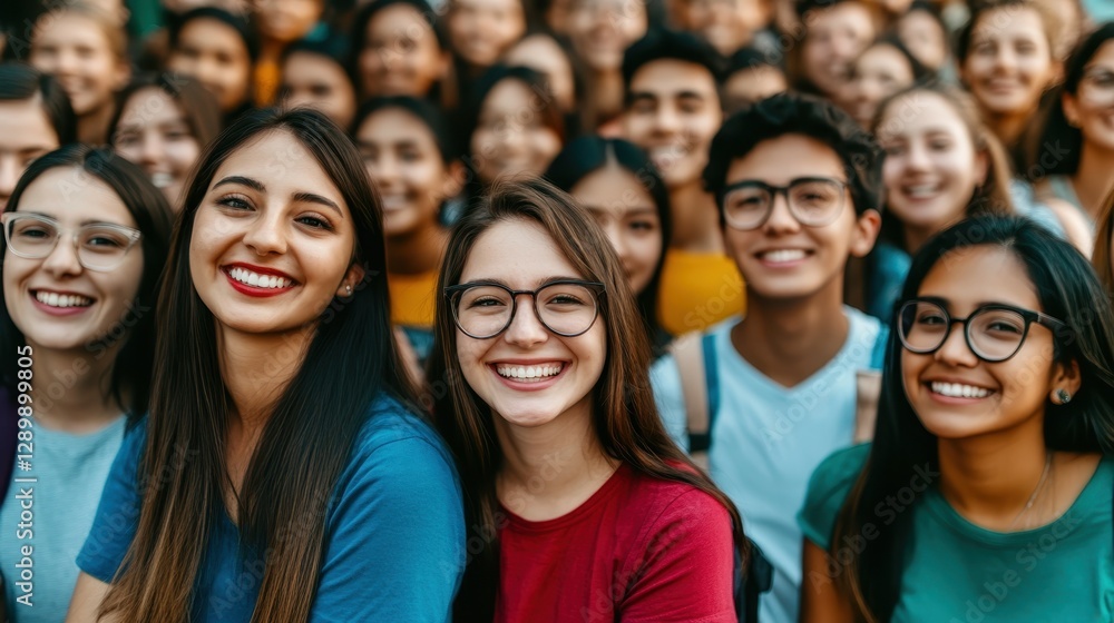 A lively gathering of young adults enjoying each other's company outdoors. Many of them are smiling and wearing colorful clothing A lively gathering of young adults enjoying each other's company outdoors. Many of them are smiling and wearing colorful clothing