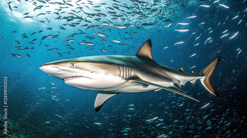 Naklejka premium Grey reef shark swimming amidst a school of fish.