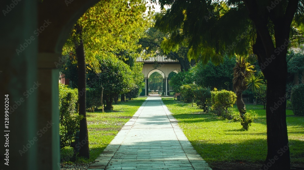 Lush Garden Pathway with Stone Walkway and Greenery Surrounding