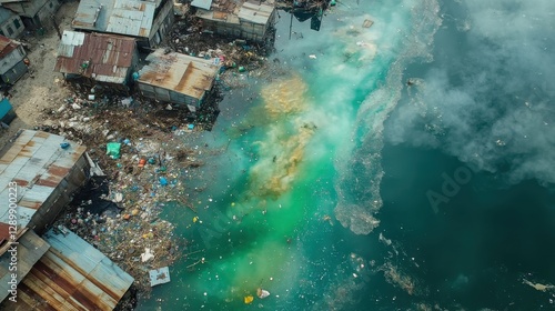 Urban Pollution and Waste Accumulation in Water Body with Surrounding Shanty Structures photo