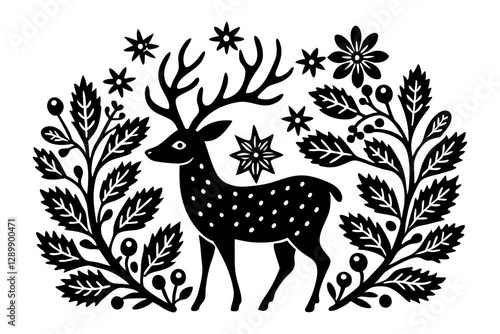 A stylized illustration of a spotted deer surrounded by decorative floral elements and snowflakes, depicted in black and white with a folk art or Scandinavian-inspired aesthetic.
