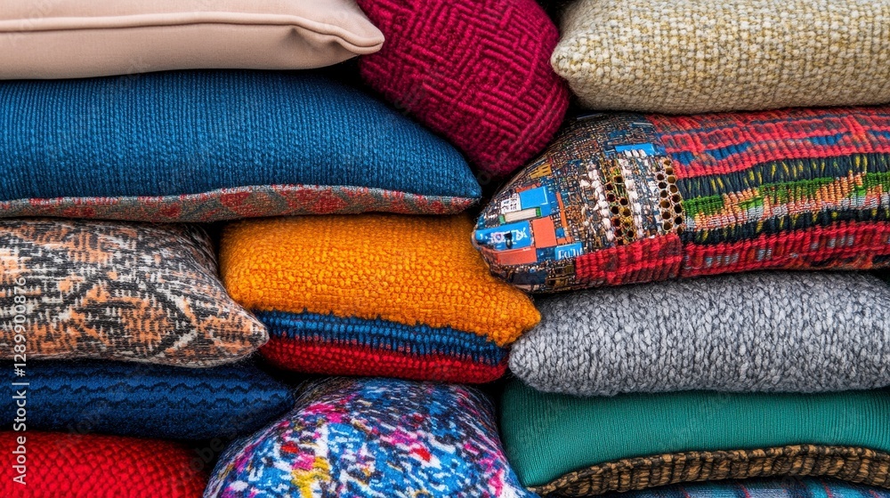 Colorful Textured Pillows Stacked Elegantly in a Cozy Arrangement Colorful Textured Pillows Stacked Elegantly in a Cozy Arrangement