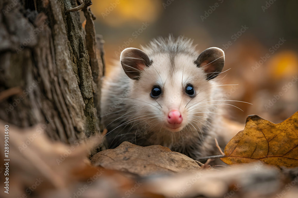 Baby North American opossum exploring a forest floor, close up wildlife shot Baby North American opossum exploring a forest floor, close up wildlife shot