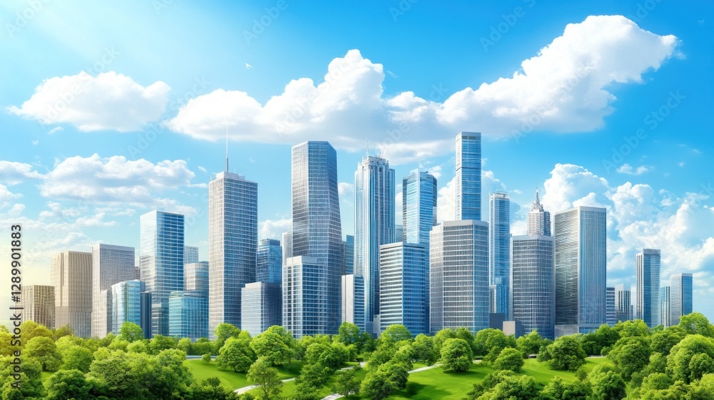 Modern city skyline with green park. Modern city skyline with green park.
