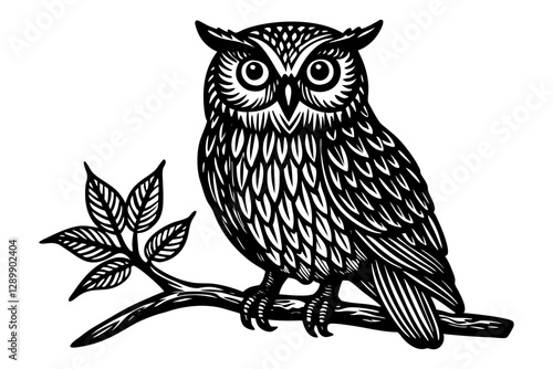 Wallpaper Mural A detailed, stylized illustration of an owl perched on a branch, depicted in black and white with a vintage, etched or woodcut style. Torontodigital.ca