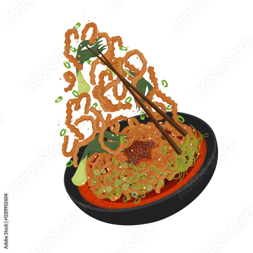 Vector Illustration Logo Clipart Levitation Spicy Szechuan Noodles or Garlic Chili Oil Noodles