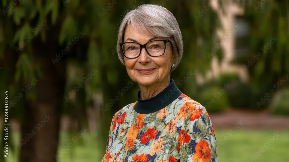 A joyful senior woman stands outside, wearing glasses and a colorful floral dress. She is surrounded by vibrant greenery, enjoying a sunny afternoon in a peaceful setting A joyful senior woman stands outside, wearing glasses and a colorful floral dress. She is surrounded by vibrant greenery, enjoying a sunny afternoon in a peaceful setting