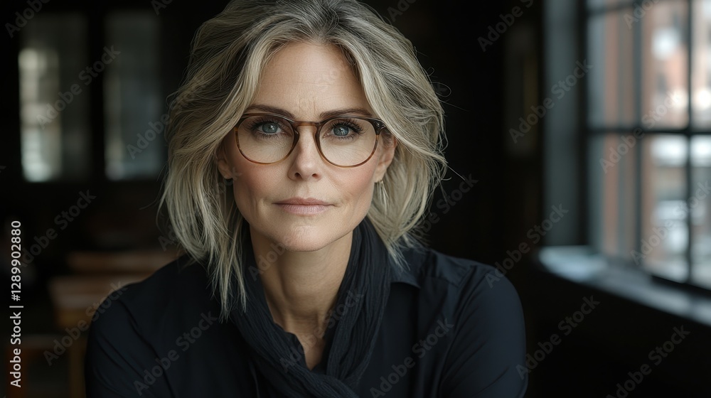A woman with shoulder-length gray hair wears stylish glasses and a black top, sitting with arms crossed. Natural light from a window adds an elegant touch to the intimate atmosphere A woman with shoulder-length gray hair wears stylish glasses and a black top, sitting with arms crossed. Natural light from a window adds an elegant touch to the intimate atmosphere
