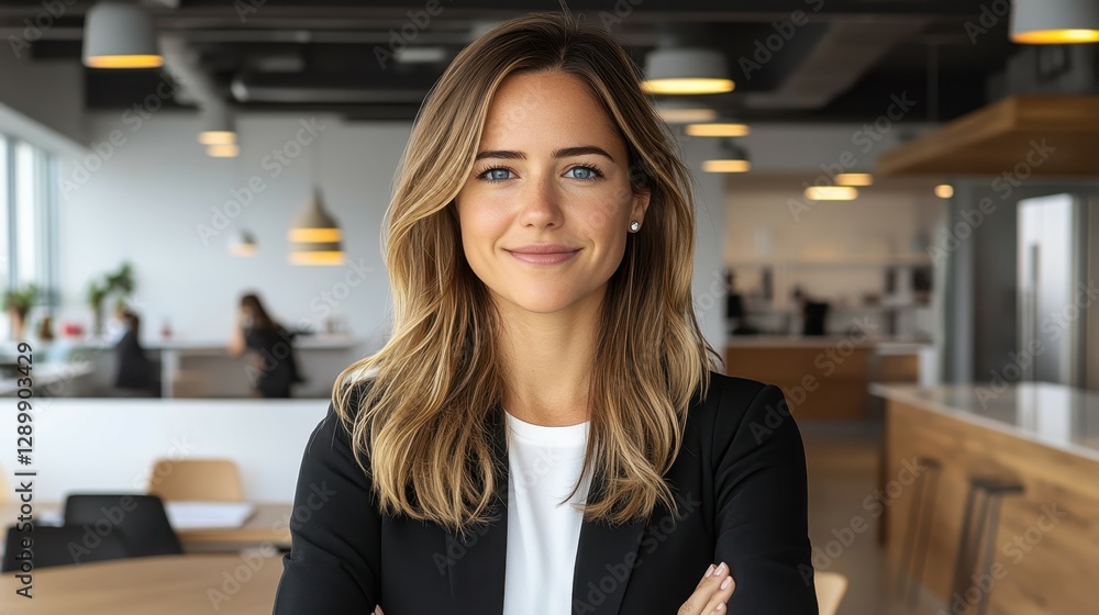 A professional woman stands confidently with arms crossed in a contemporary office space. The bright room features colleagues engaged in work and a relaxed atmosphere A professional woman stands confidently with arms crossed in a contemporary office space. The bright room features colleagues engaged in work and a relaxed atmosphere