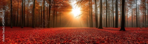 Sunlight filters through trees in a vibrant autumn forest, casting warm hues on fallen leaves.