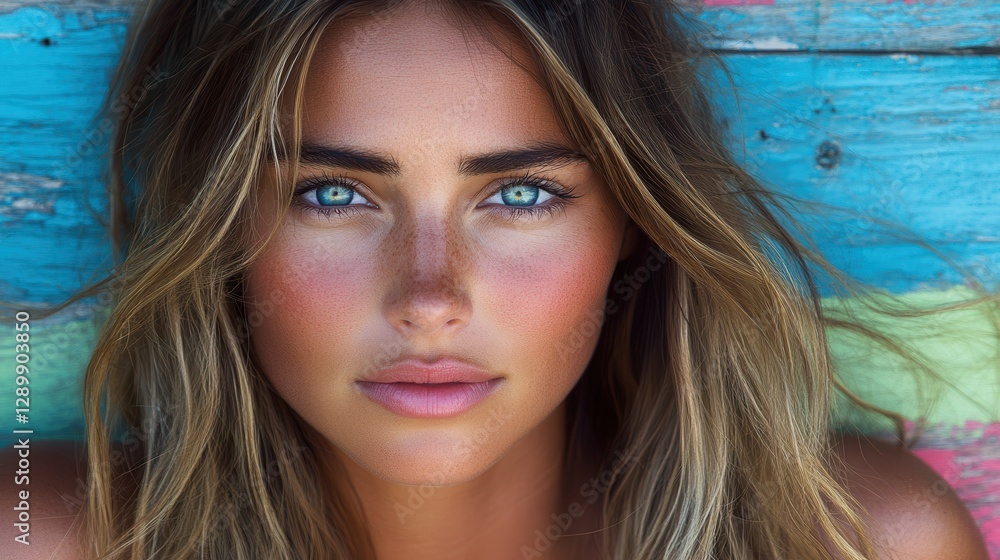 A young woman with long, wavy hair gazes directly at the viewer. Her blue eyes shine against soft skin tones, framed by a vibrant, rustic wooden backdrop that adds depth A young woman with long, wavy hair gazes directly at the viewer. Her blue eyes shine against soft skin tones, framed by a vibrant, rustic wooden backdrop that adds depth