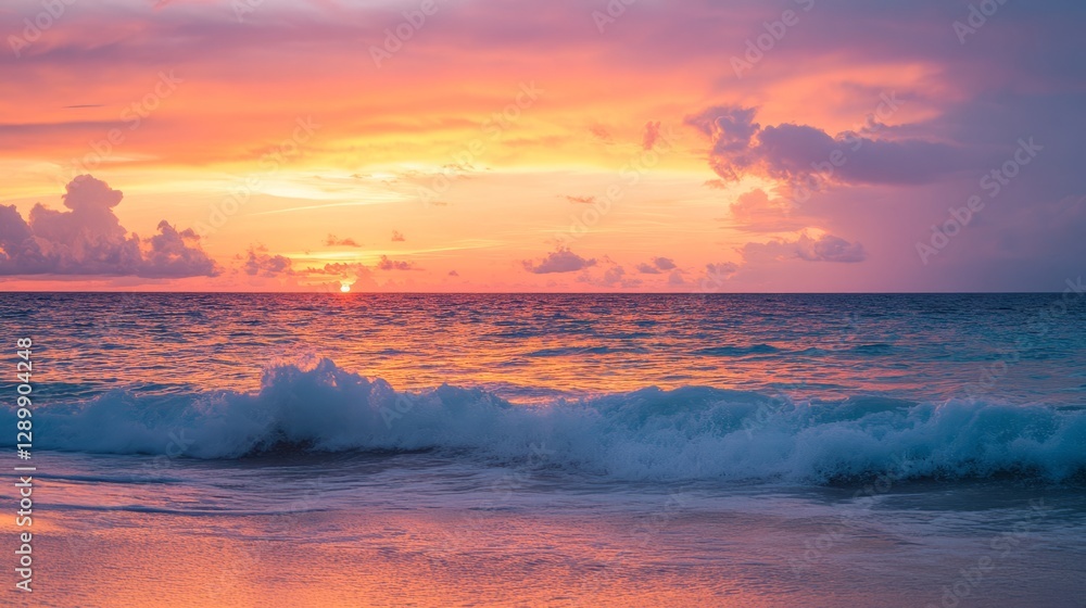 Obraz premium Caribbean sunset with orange and pink hues, calm waves, and a clean horizon, evoking serenity and natural beauty. 