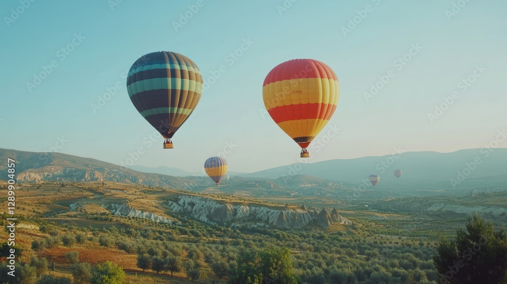 Fototapeta premium Cappadocia Hot Air Balloons: A Serene Morning Flight Over Scenic Landscapes
