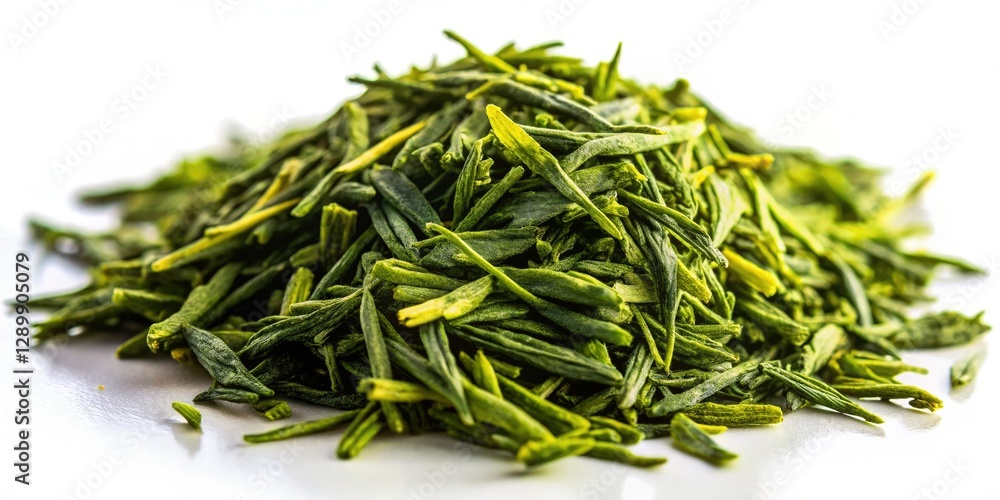 Sunlit Sencha green tea leaves cast delicate shadows on a pristine white background, showcasing their antioxidant richness. Sunlit Sencha green tea leaves cast delicate shadows on a pristine white background, showcasing their antioxidant richness.