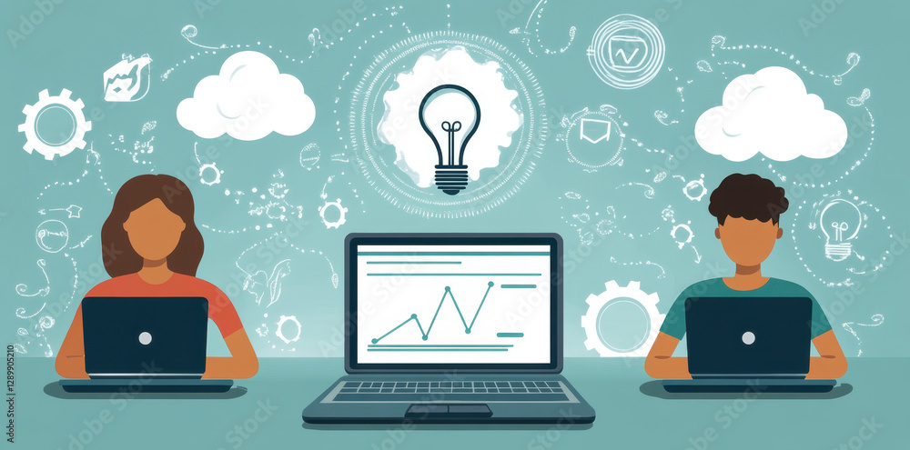 Digital workspace with two people using laptops, brainstorming ideas and analyzing data. background features clouds, gears, and lightbulbs, symbolizing creativity and technology Digital workspace with two people using laptops, brainstorming ideas and analyzing data. background features clouds, gears, and lightbulbs, symbolizing creativity and technology