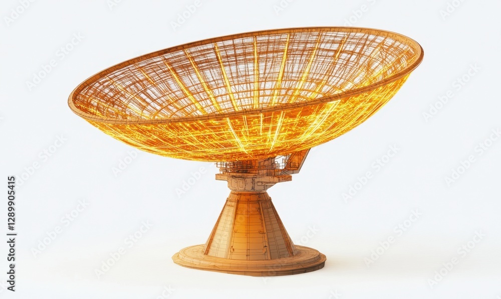 A large, illuminated satellite dish sculpture in an open space, showcasing intricate design and craftsmanship A large, illuminated satellite dish sculpture in an open space, showcasing intricate design and craftsmanship