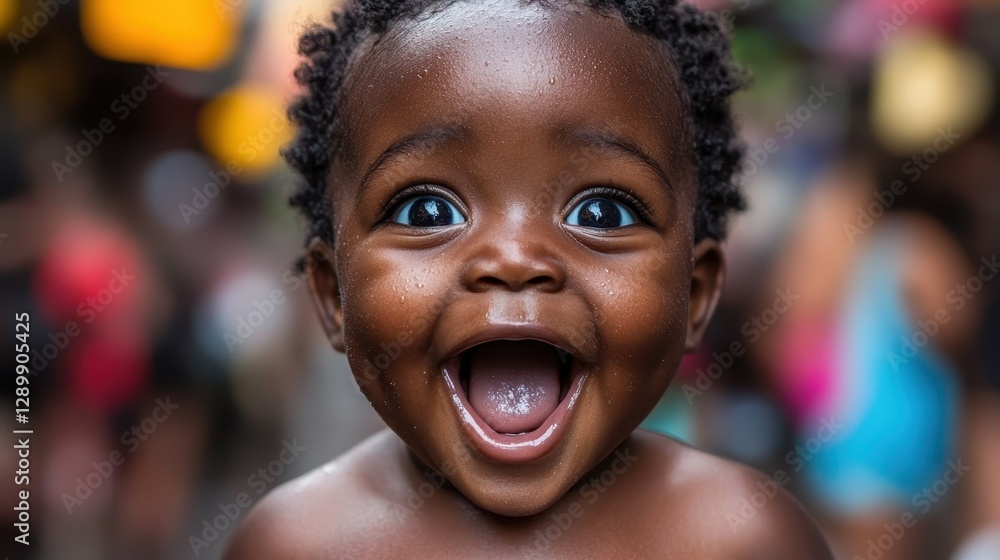 A happy baby with sparkling eyes and a wide smile stands in a lively outdoor area surrounded by blurred figures, showcasing joy and innocence during daytime activities A happy baby with sparkling eyes and a wide smile stands in a lively outdoor area surrounded by blurred figures, showcasing joy and innocence during daytime activities