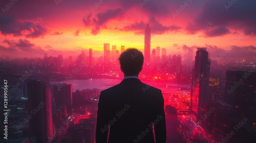 Fototapeta premium Man Contemplating City Sunrise