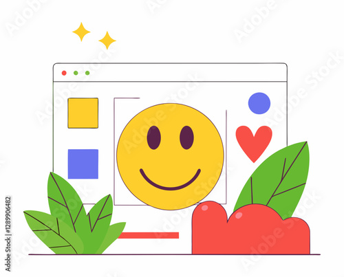 A cheerful and colorful illustration of a computer screen displaying a large, smiling emoticon, surrounded by design elements like color swatches, a heart, and stylized leaves, suggesting a focus on p