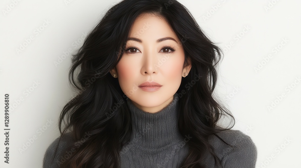 A woman with long, flowing black hair and a turtleneck sweater stands confidently. Her expression is calm and composed, framed by a simple light backdrop A woman with long, flowing black hair and a turtleneck sweater stands confidently. Her expression is calm and composed, framed by a simple light backdrop
