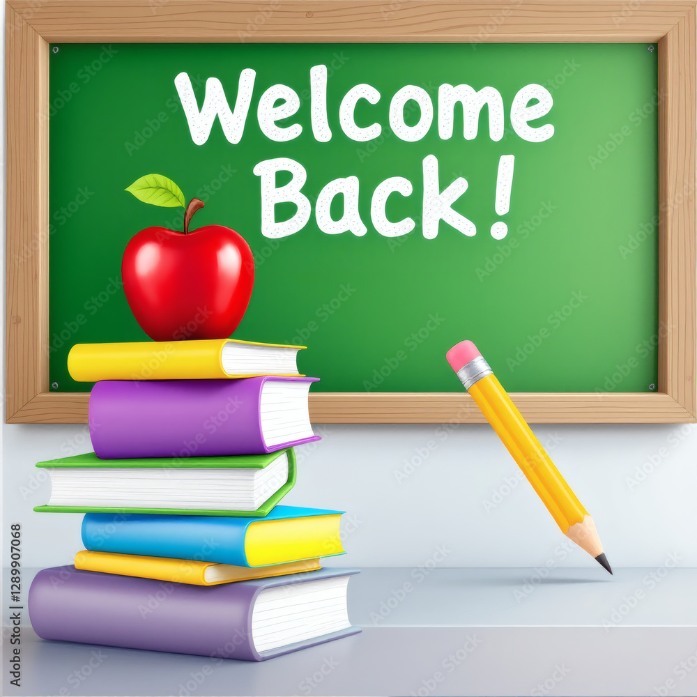 This cheerful 3D clip art set captures the excitement of returning to school. Featuring a stack of colorful books, a vibrant red apple, a sharpened yellow pencil, and a green chalkboard with the welco This cheerful 3D clip art set captures the excitement of returning to school. Featuring a stack of colorful books, a vibrant red apple, a sharpened yellow pencil, and a green chalkboard with the welco