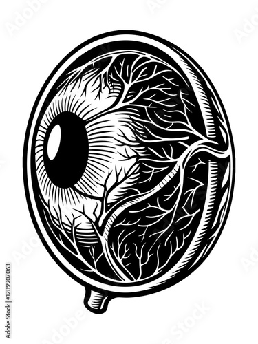Detailed black and white anatomical illustration of a human eye within a circular frame, showcasing the intricate structure of veins, nerves, iris, and pupil.