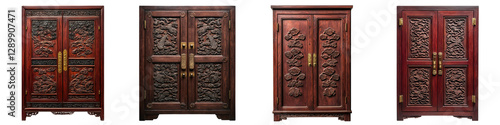 Exquisite antique Chinese armoire with intricate wood carvings in a traditional Oriental design  The cabinet features a rich reddish brown finish and ornate floral and animal motifs