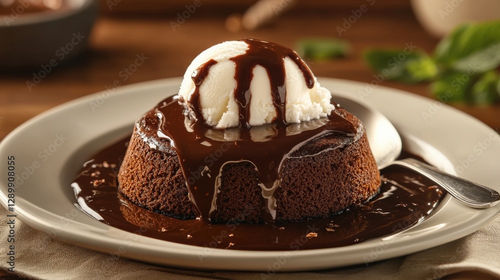 A small, round chocolate lava cake with vanilla ice cream on top, drizzled in fudge sauce and melting into the center of its white plate. A spoon is sitting next to the food A small, round chocolate lava cake with vanilla ice cream on top, drizzled in fudge sauce and melting into the center of its white plate. A spoon is sitting next to the food