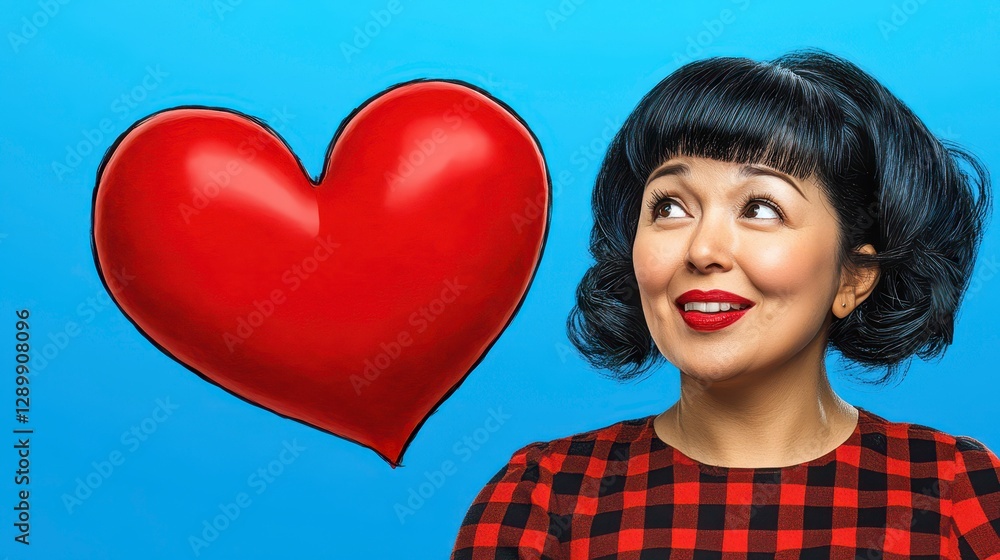 Smiling Woman in Red Dress with Heart on Bright Blue Background Smiling Woman in Red Dress with Heart on Bright Blue Background