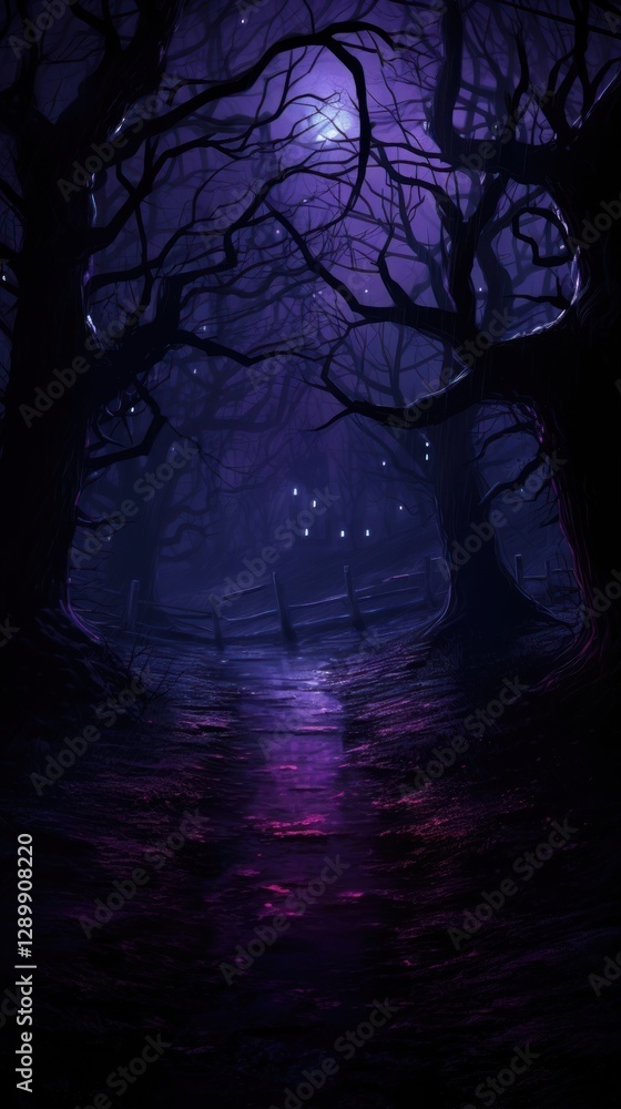 Fototapeta premium Dark scary purple impressionism background astronomy outdoors woodland.