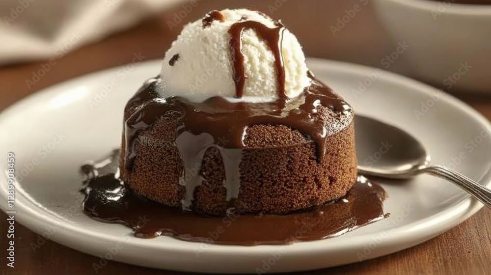 A small, round chocolate lava cake with vanilla ice cream on top, drizzled in fudge sauce and melting into the center of its white plate. A spoon is sitting next to the food A small, round chocolate lava cake with vanilla ice cream on top, drizzled in fudge sauce and melting into the center of its white plate. A spoon is sitting next to the food