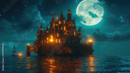 Nighttime sea castle, lit, moonlit, mysterious.