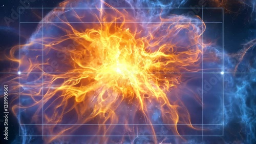 Vibrant Explosion of Fiery Orange and Yellow Energy Against Cosmic Background, Evoking Dynamic Power and Wonder in Fiery Cosmic Scene with Intense Colors and Patterns